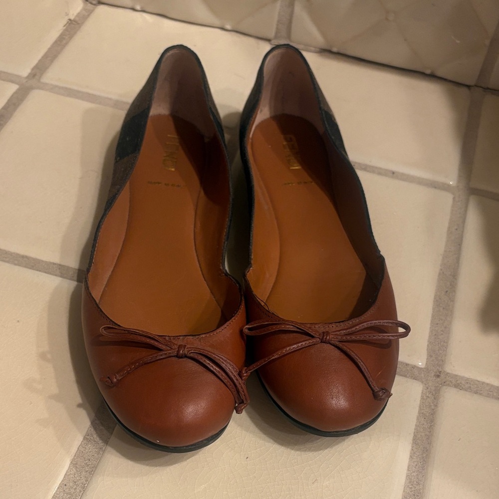 Fendi Brown Leather Flats Pequin Pattern D’Orsay canvas Bow